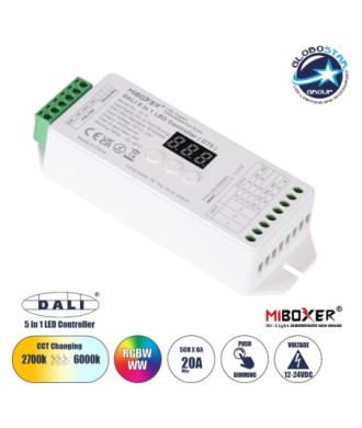 GLOBOSTAR® MiBOXER-DL-X 71423 DC DALI BUS & Push Dimmer - Controller με 5 x 6A 144W Κανάλια DC 12-24V 20A 480W Max IP20 - DALI BUS & Push Dimming - Μ13 x Π5 x Υ2.5cm - 5 Χρόνια Εγγύηση